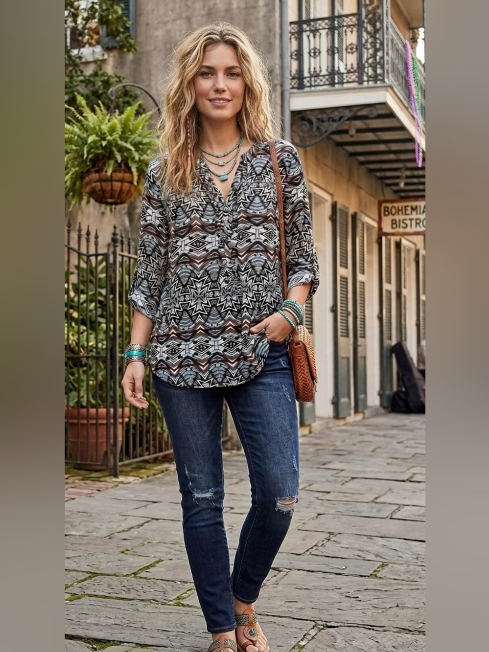 Democracy Aztec Print Button Front Blouse Blue Tan Small Boho Western Top